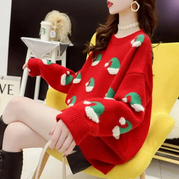 Linksmų Kalėdų Megztiniai 2020 M. Žiemos Prarasti Moterų Bjaurusis Džemperis Tingus Stiliaus Raudona Viršūnes Storio Džemperiai Kalėdos Moterų Megztiniai Vienas Dydis