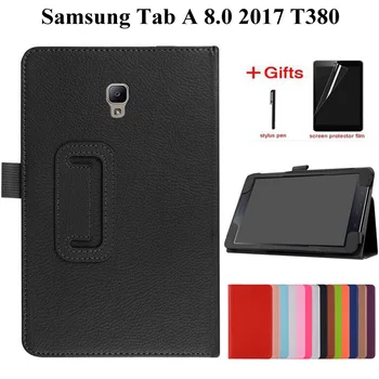Litchi PU Odinis dėklas, skirtas Samsung Galaxy Tab A2 A 8.0 2017 Padengti SM-T380 SM-T385 T380 T385 8.0 colių Tablet atveju +filmas+rašiklis