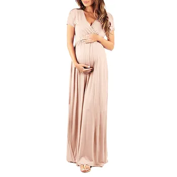 LONSANT Motinystės suknelė Moterims Kietas trumpomis Rankovėmis Suknelė Moterims Nėštumo V Apykaklės Motinystės mados Drabužių Panele ilga suknelė
