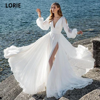 LORIE Paplūdimio Šifono Vestuvių Suknelės Baltos 2020 Ilgai Reljefiniai Rankovėmis V-kaklo Aukštos Ritininės Vestuvinės Suknelės Atvira nugara Vestuvės Suknelės