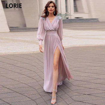 LORIE Princesė Vakaro Suknelės Šifono Duobute Prom Šalis Suknelė Plius Dydis 2020 Long Sleeve V-kaklo Oficialią Vakaro Suknelė su Split