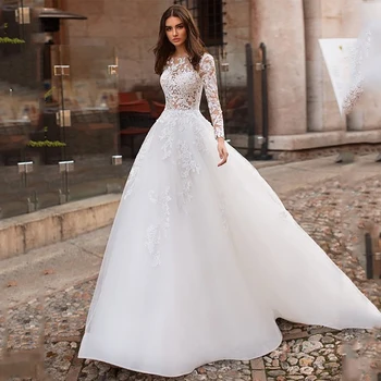 LORIE Vestuvių Suknelė 2019 ilgomis Rankovėmis, Vestidos de novia Iliuzija Nėrinių Appliqued A-Line Bridal Gown Mygtukus Atgal Vestuvių Suknelės