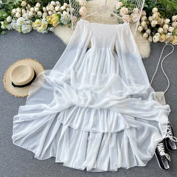 LY VAREY LIN 2020 Naujas Rudens-Moterims, Elegantiškas Atostogų Suknelės Sluoksniuotos Rankovėmis Velniop Kaklo Išjungti Peties Smocked Balto Šifono Suknelės
