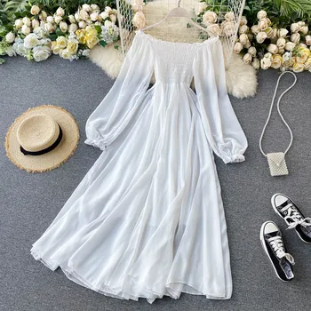 LY VAREY LIN 2020 Naujas Rudens-Moterims, Elegantiškas Atostogų Suknelės Sluoksniuotos Rankovėmis Velniop Kaklo Išjungti Peties Smocked Balto Šifono Suknelės