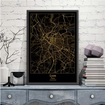 Lyon, Prancūzija Black&Gold Miesto Šviesos Žemėlapiai Užsakymą Pasaulio Miesto Žemėlapį, Plakatai, Drobė Spausdina Šiaurės Stiliaus Sienos Menas Namų Dekoro