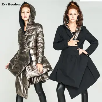 M-2XL 90% ančių pūkų paltai mados prekės ženklo gobtuvu Asimetrinė ilgis žemyn striukė moterims Abiejų pusių dėvėti Plonas, storesnis, šiltas kailis wj1350