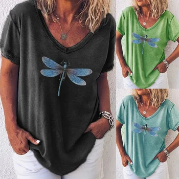 Madingų Moterų Vasara trumpomis Rankovėmis V-Kaklo Dragonfly Spausdinti Laisvi marškinėliai Palaidinė