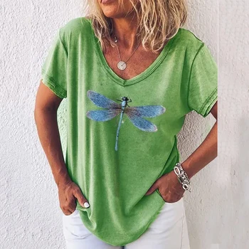 Madingų Moterų Vasara trumpomis Rankovėmis V-Kaklo Dragonfly Spausdinti Laisvi marškinėliai Palaidinė