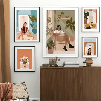 Mados abstrakčiai akiniai, mergina gėlių, augalų lapų katė iliustracija sienos meno tapybos drobės Šiaurės plakatai ir spausdina kambarį