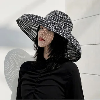 Mados Juodos Ir Baltos Tuščiaviduriai iš Flat Top Šiaudų Skrybėlę Moterų Paplūdimio Skrybėlę Pajūrio Atostogų Britų Skrybėlę skėtį nuo saulės Kelionės Banga Skrybėlę
