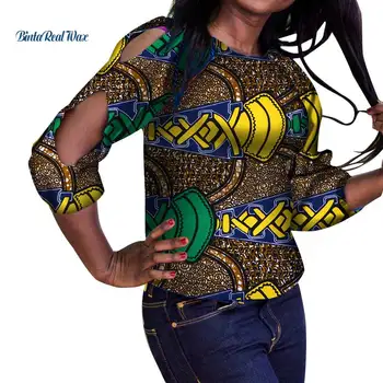 Mados Moterų Marškinėliai Tuščiaviduriai Rankovėmis Marškinėliai Afrikos Vaškas Spausdinti Marškinėliai Moterims Tradicinių Afrikos Stiliaus Drabužių WY3406