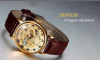 Mados Prabangių Kinų Drakonas Žiūrėti Vyrų Ultra Plonas Aukso Laikrodžiai Sewor Odos Juosta Skeletas Mechaninė Laikrodžius Reloj Hombre