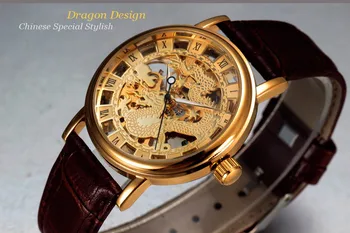Mados Prabangių Kinų Drakonas Žiūrėti Vyrų Ultra Plonas Aukso Laikrodžiai Sewor Odos Juosta Skeletas Mechaninė Laikrodžius Reloj Hombre