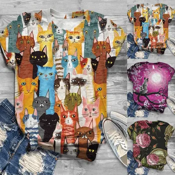 Marškinėliai Moterims Harajuku Viršūnes Plius Dydis Moterų trumpomis Rankovėmis 3d Animaciją Kačių Spausdinami O-kaklo Viršūnes Tee marškinėliai Camisetas Mujer
