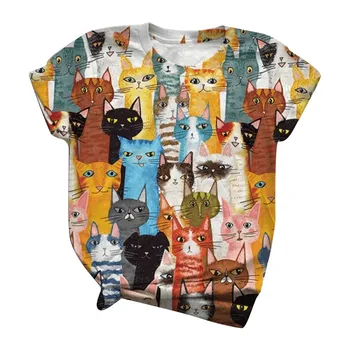 Marškinėliai Moterims Harajuku Viršūnes Plius Dydis Moterų trumpomis Rankovėmis 3d Animaciją Kačių Spausdinami O-kaklo Viršūnes Tee marškinėliai Camisetas Mujer