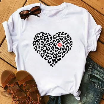 Maycaur Juokinga Didelis Lūpų Leopard Print T Marškinėliai Moterims Vasaros trumpomis Rankovėmis T-shirt Lady Marškinėliai Harajuku O-kaklo Viršų Tees Moteris