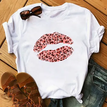 Maycaur Juokinga Didelis Lūpų Leopard Print T Marškinėliai Moterims Vasaros trumpomis Rankovėmis T-shirt Lady Marškinėliai Harajuku O-kaklo Viršų Tees Moteris