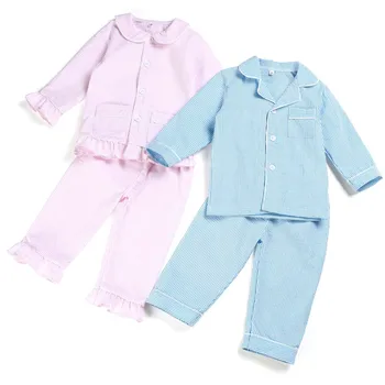 Medvilnės pavasarį ir vasarą seersucker vaikai pižama ilgomis rankovėmis juostele boutique home sleepwear 12m-12years