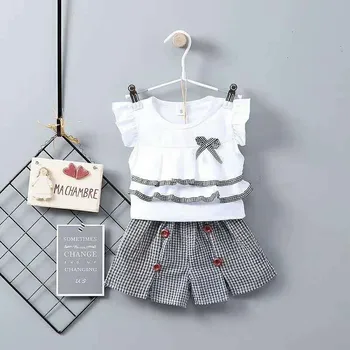 Mergaičių vasaros drabužių rinkiniai vaikų mados medvilnės lankas berankoviai marškinėliai+pledas trumpas kelnes 2vnt gimtadienio vlothes 1-4Y mergina