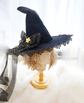 Mergina Derliaus Japonijos deep black, Gothic Lolita Helovinas Ragana Skrybėlę galvos Apdangalai Rekvizitai Cosplay Partijos Juodosios žvaigždės Nėrinių Bowknot Top hat