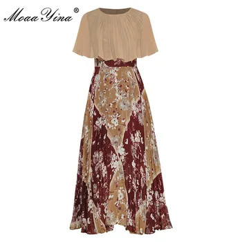 MoaaYina Mados Dizaineris suknelė Vasaros Moterų Suknelė, Apsiaustas Rankovėmis Spausdinti Plisuotos Šifono Suknelės