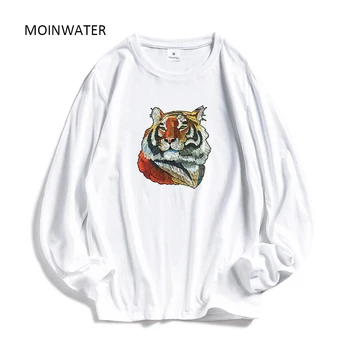 MOINWATER Moterų Atsitiktinis Animacinių filmų Tigras Print Long Sleeve T-shirts Lady Medvilnės Black Mados Viršūnes Moterų Balta Tees marškinėliai MLT2002