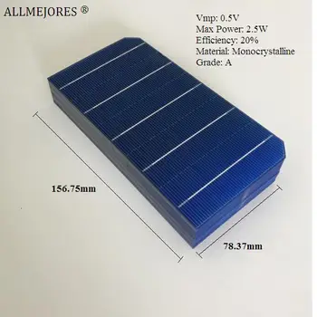 Monokristalinius saulės elementų 0.5 V 2.5 W aukštos kokybės 156.75 mm x 78.37 mm, pasidaryk pats 100W saulės skydelis 40pcs/Daug