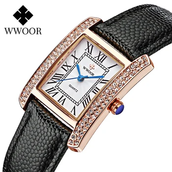 Montre Femme WWOOR Elegantiškas Moterų Laikrodžiai Garsaus Prekės ženklo Prabangus Diamond Aikštėje Ponios Riešo Žiūrėti Juodos Odos Apyrankė Žiūrėti 2020 m.