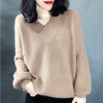 Moters trumpas megztinis moterų nauja rudens / žiemos 2020 gryna spalva moheros megztinis korėjos V-kaklo prarasti dugno marškinėliai