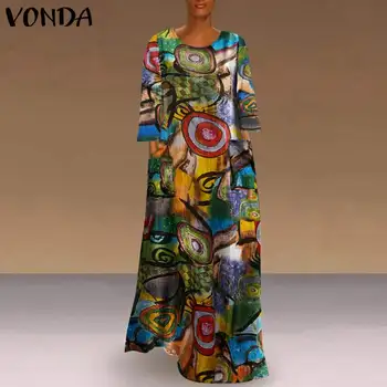 Moterys Rudens Suknelė ilgomis Rankovėmis Chalatas, VONDA 2021 m. Derliaus Spausdinti Suknelė Bohemijos Vasaros Šalis Ilga Suknelė Paplūdimio Sundress Plius Dydis