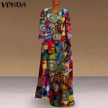 Moterys Rudens Suknelė ilgomis Rankovėmis Chalatas, VONDA 2021 m. Derliaus Spausdinti Suknelė Bohemijos Vasaros Šalis Ilga Suknelė Paplūdimio Sundress Plius Dydis