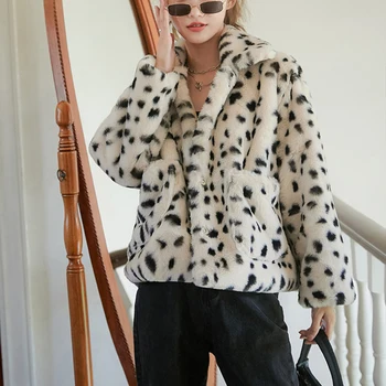 Moterų drabužiai Smėlio spalvos Dirbtiniais Kailių Paltai Outwear Mygtuką Šiltas Storas Pasukite Žemyn Apykaklės, Kišenė Leopard 