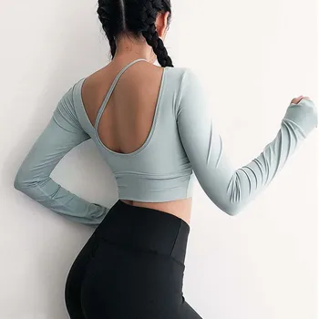 Moterų ilgas rankovėmis Midriff Seksualus Sportas T-shirt veikia drabužių fitneso marškinėliai mokymo jogos Viršuje trinkelėmis gimnastikos treniruotės viršų