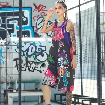 Moterų Jumpsuit Plius Dydis Vasaros Trumpas Romper Darbo Drabužiai Juokinga Grafiti Pločio Kojų Kelnės Atsitiktinis Playsuits Merginų Hip-Hop Šortai 2020 M.