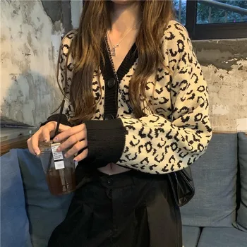 Moterų Megztinis Džemperis, Plius Dydis 4XL Leopard Kratinys Seksualus Pasėlių Viršuje V-Kaklo Patelės Laisvalaikio Prašmatnus Madinga Gatvės Asmens Outwear