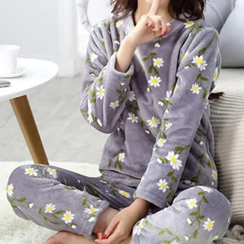 Moterų Pižama Rudens ir Žiemos Pižama rinkinys Moterims ilgomis Rankovėmis Sleepwear Flanelė Šiltas, Mielas Viršuje + Kelnės Pižama Moterų Pyjama
