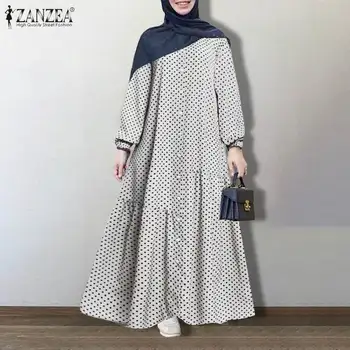 Moterų Rudenį Sundress Retro Išspausdintas Musulmonų Polka Dot Mygtuką Skraiste ZANZEA 2021 Priežastinis Sluoksniuotos Rankovėmis Maxi Vestidos Moteriška Suknelė