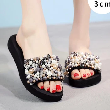 Moterų sandalai vasarą batai pearl flip flops string granulių šlepetės moterims laisvalaikio bateliai moteris Pleišto platforma šlepetės moterims b790