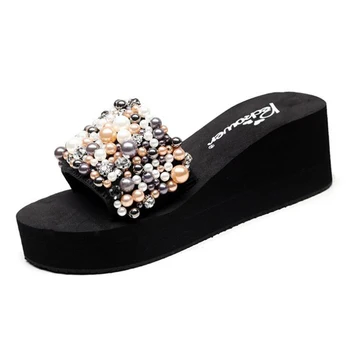 Moterų sandalai vasarą batai pearl flip flops string granulių šlepetės moterims laisvalaikio bateliai moteris Pleišto platforma šlepetės moterims b790