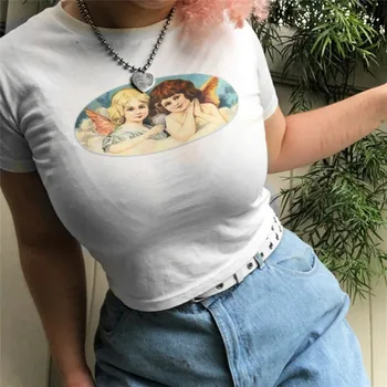 Moterų Sexy Pasėlių Top Marškinėliai Matau 2019 Naują Atvykimo trumpomis Rankovėmis Atspausdintas Plonas O-kaklo Marškinėliai Moterims marškinėlius 4 Spalvos