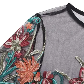 Moterų Siuvinėjimo Šortai, marškinėliai blusa Trumpas Rankovės Akių Apvalios Kaklo Gėlių Aplikacija camisa feminina blusa manga curta marškinėlius