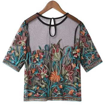 Moterų Siuvinėjimo Šortai, marškinėliai blusa Trumpas Rankovės Akių Apvalios Kaklo Gėlių Aplikacija camisa feminina blusa manga curta marškinėlius