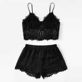 Moterų Sleepwear Sexy Satin Pajama Nustatyti Black Lace V-Neck Pižamos Rankovių Mielas Cami Viršų ir Šortai, #3
