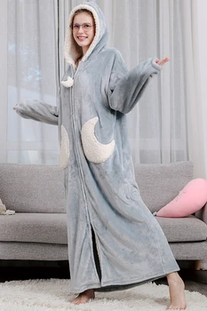 Moterų, Vyrų Žiemos Plius Dydžio Šiltą Flanelė Chalatas Star Mėnulis Papildomų Ilgas Storas Vilnos Vonios Chalatas Su Gobtuvu Naktį Dress Suknelė Sleepwear