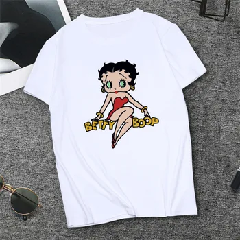 Moterų White T-shirt Betty Boop Spausdinti Vasaros Atsitiktinis O-kaklo Viršuje Moterų Marškinėlius Harajuku Streetwear Plius Dydis Drabužių Femme T-Shirt