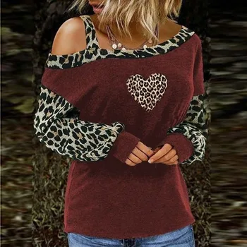 Moterų Širdies Leopardas Spausdinti Kratinys ilgomis Rankovėmis Megztinis Viršūnes Atsitiktinis Vieną petį, Palaidinė Marškinėliai Rudenį