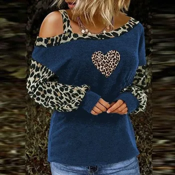 Moterų Širdies Leopardas Spausdinti Kratinys ilgomis Rankovėmis Megztinis Viršūnes Atsitiktinis Vieną petį, Palaidinė Marškinėliai Rudenį