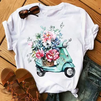 Ms kawaii mielas mažai šviežių gėlių dviračių spausdinti baltos spalvos marškinėliai su trumpomis rankovėmis striukė laisvalaikio joker