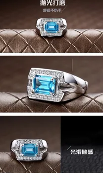 Mėlyna kristalų akvamarinas topazas brangakmenių, deimantų žiedai vyrams, baltojo aukso, sidabro spalvų papuošalai bague mados dovana priedai