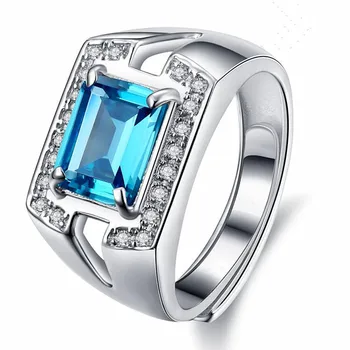 Mėlyna kristalų akvamarinas topazas brangakmenių, deimantų žiedai vyrams, baltojo aukso, sidabro spalvų papuošalai bague mados dovana priedai